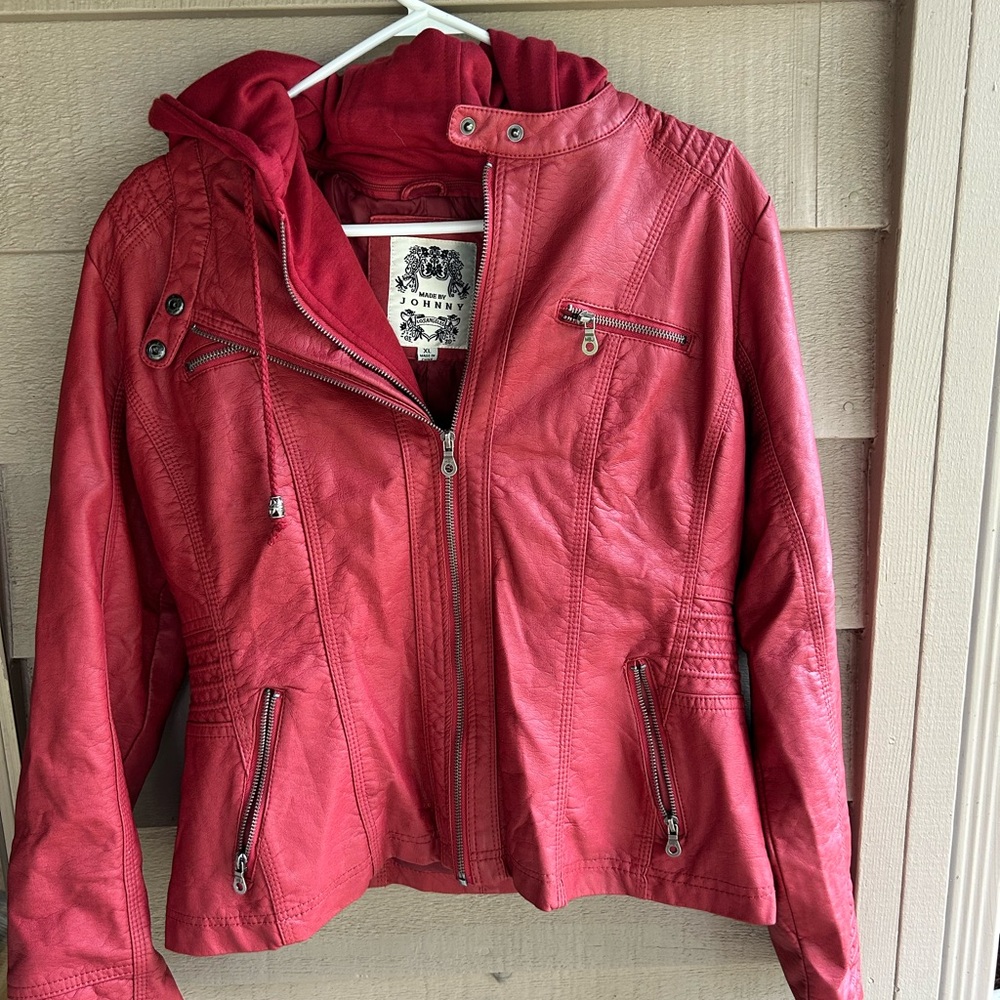 Johnny Los Angeles Women's Red Faux Leather hooded Jacket